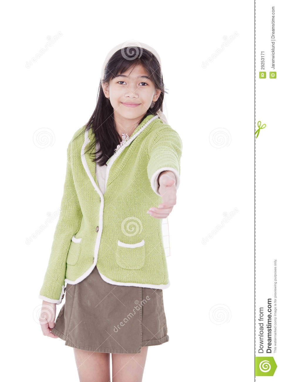 Biracial Asian Girl In Lime Green Sweater Extending Hand In Greeting