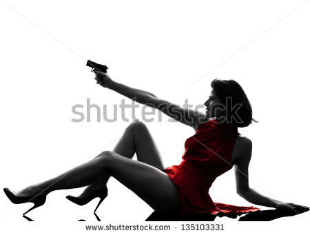 One Sexy Caucasian Woman Holding Gun In Silhouette Studio Isolated On