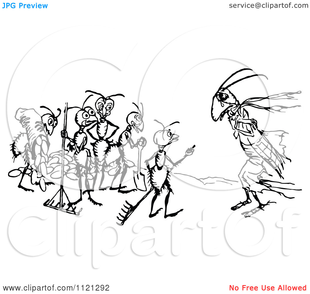 Clipart Of A Retro Vintage Black And White Cricket And Worker Ants