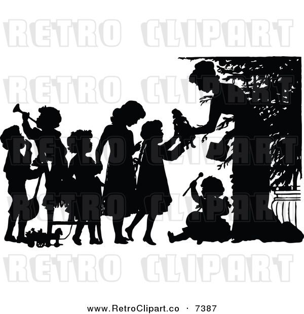 Vector Clipart Of A Retro Silhouetted Woman Giving Christmas Toys To