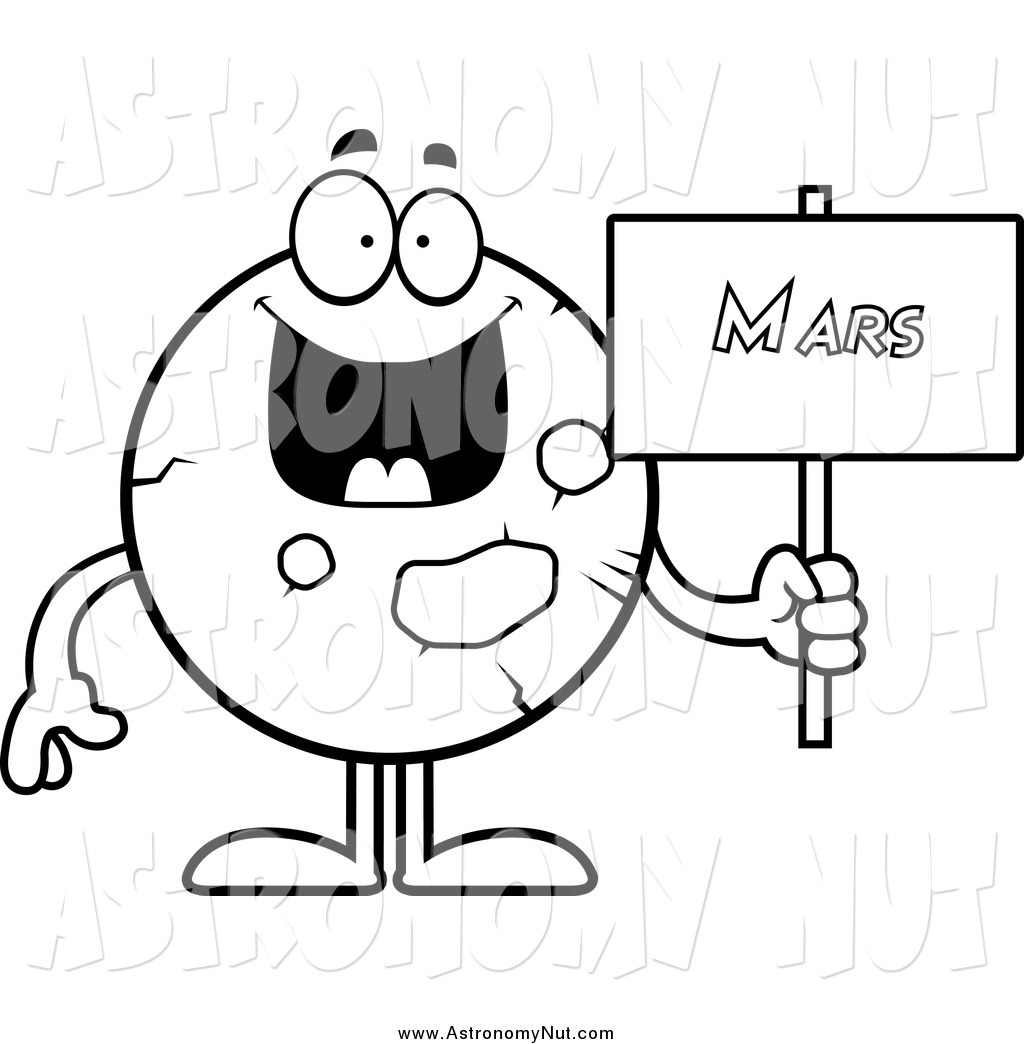 Clipart Of A Black And White Happy Planet Mars Holding A Sign