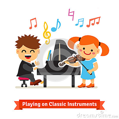 Boy And Girl Kids Playing Classical Music On Piano And Violin Together