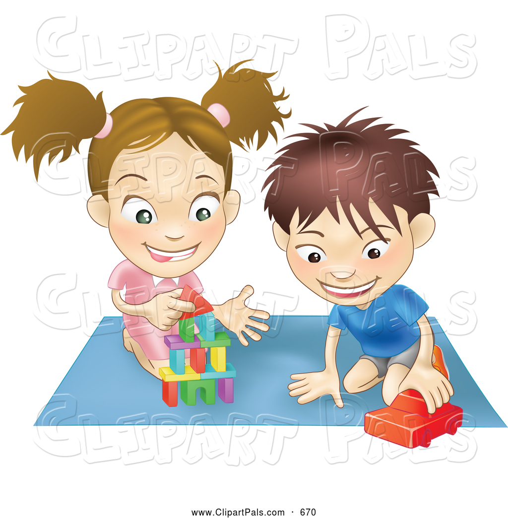Clipart Of A Pair Of Children   A White Boy And Girl Playing With Toys