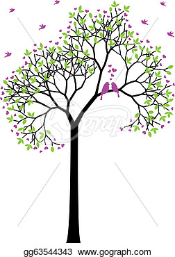 Eps Vector   Spring Tree With Love Birds Green Leaves And Heart