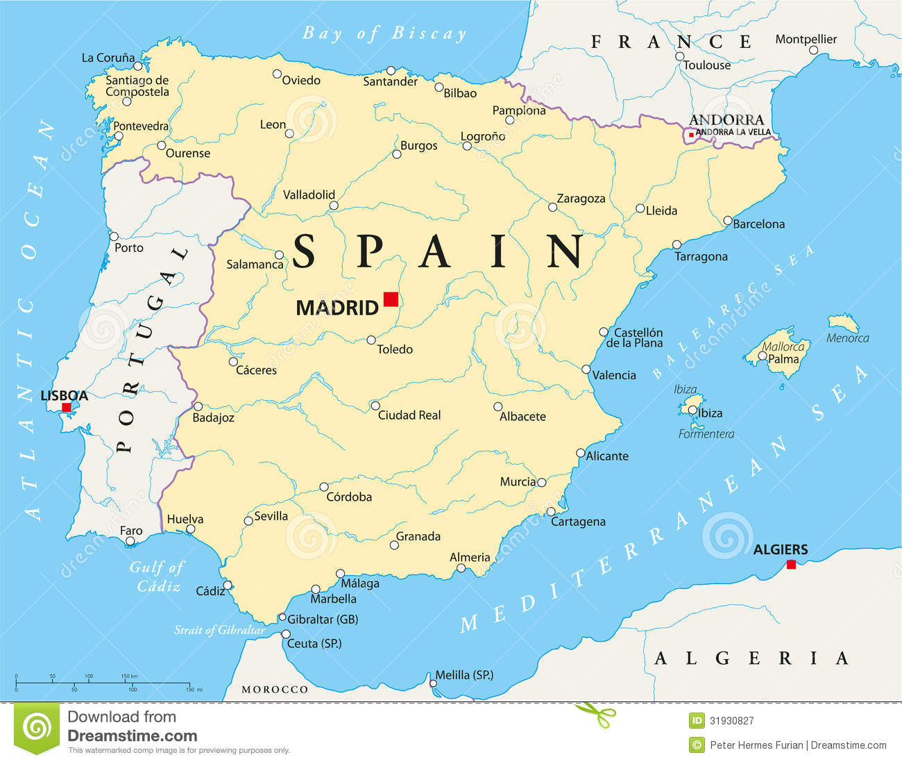 Map Of Spain With National Borders Most Important Cities Rivers And