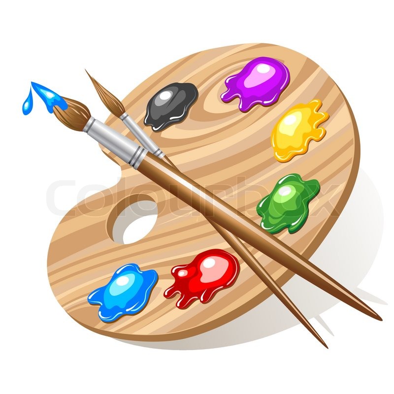 Wooden Art Palette With Paints And Brushes   Vector   Colourbox