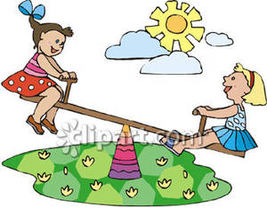 Two Little Girls Playing On A Teeter Totter   Royalty Free Clipart
