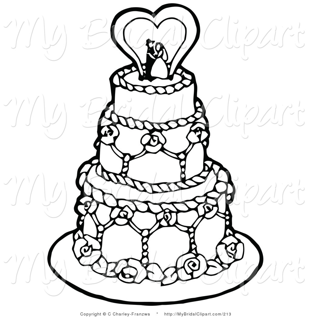 Clipart Of A Coloring Page Of A Black And White Tiered Wedding Cake