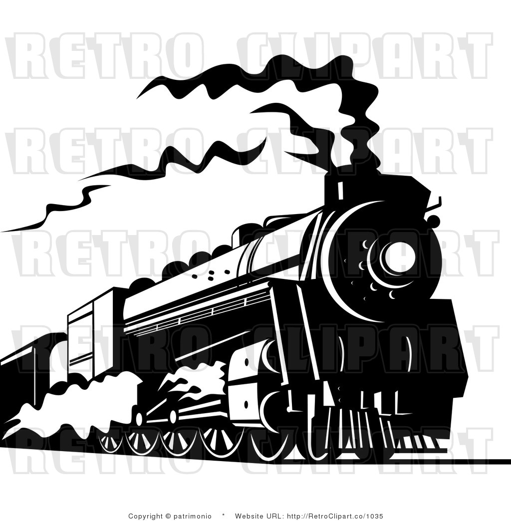 Royalty Free Retro Black And White Steam Train Traveling On A Railroad
