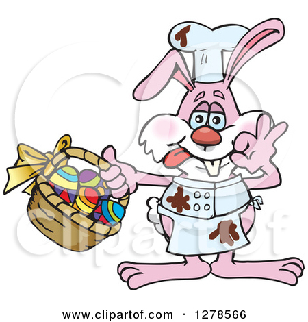 Clipart Of A Pink Easter Bunny Cheff With Chocolate Splatters And A