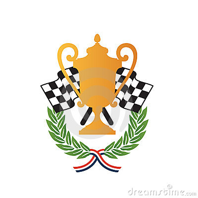 Vector Illustration Of Emblem Of Racing Winners With Gold Cup Trophy