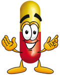 Clip Art Graphic Of A Red And Yellow Pill Capsule Cartoon Character