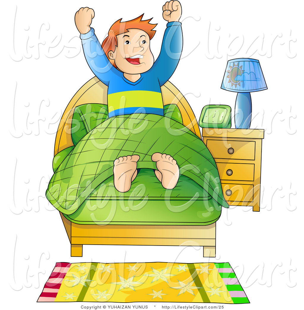 Lifestyle Vector Clipart Of An Energetic Boy Waking Up First Thing In