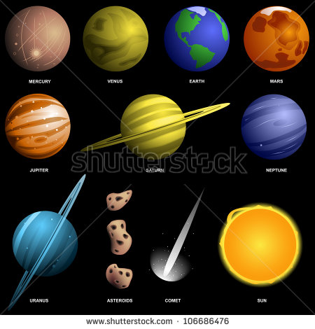 Solar System And Space Objects Isolated On Black  Not To Scale