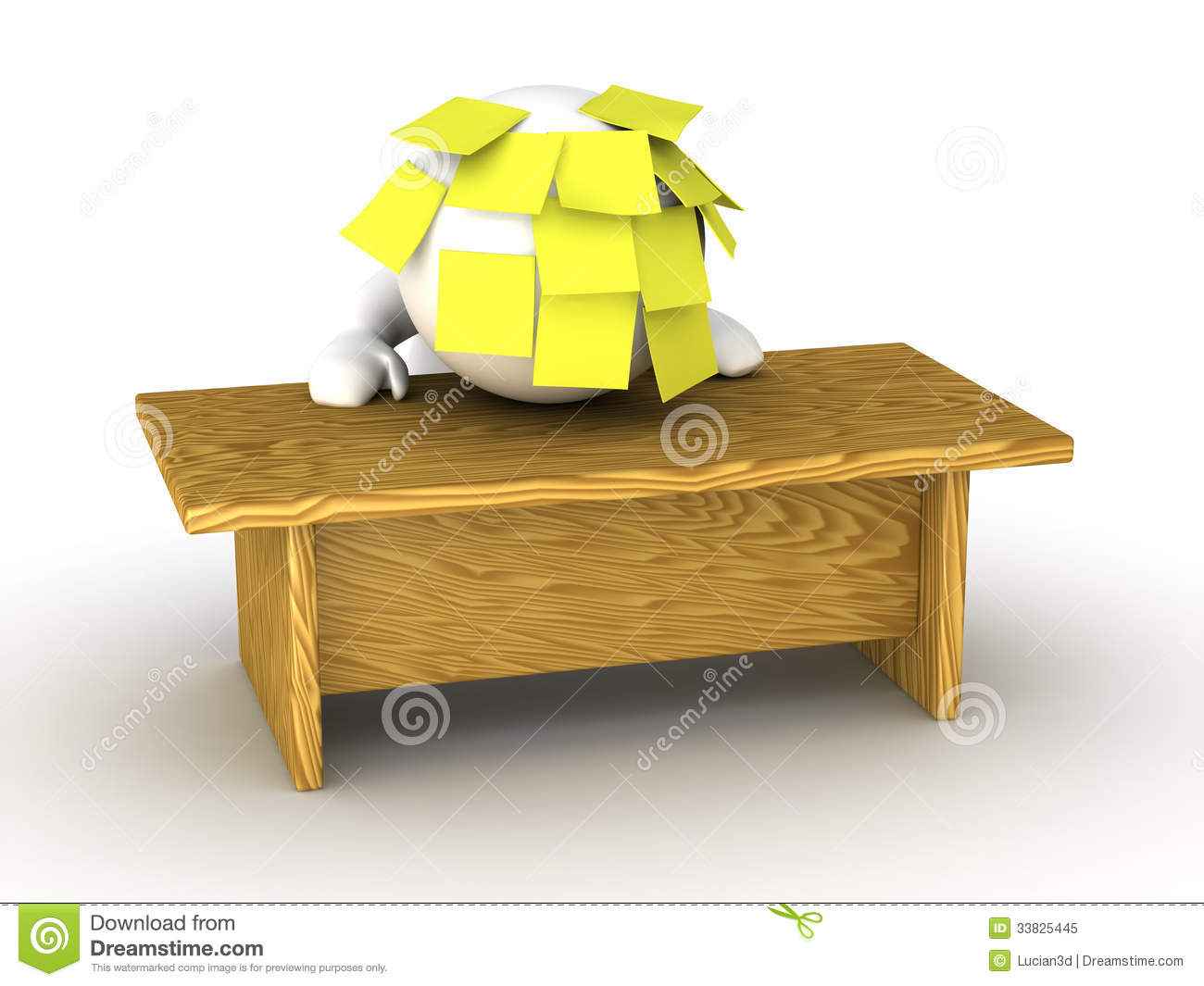 Overwhelmed Stressed 3d Man With Head On Desk And Sticky Notes Royalty