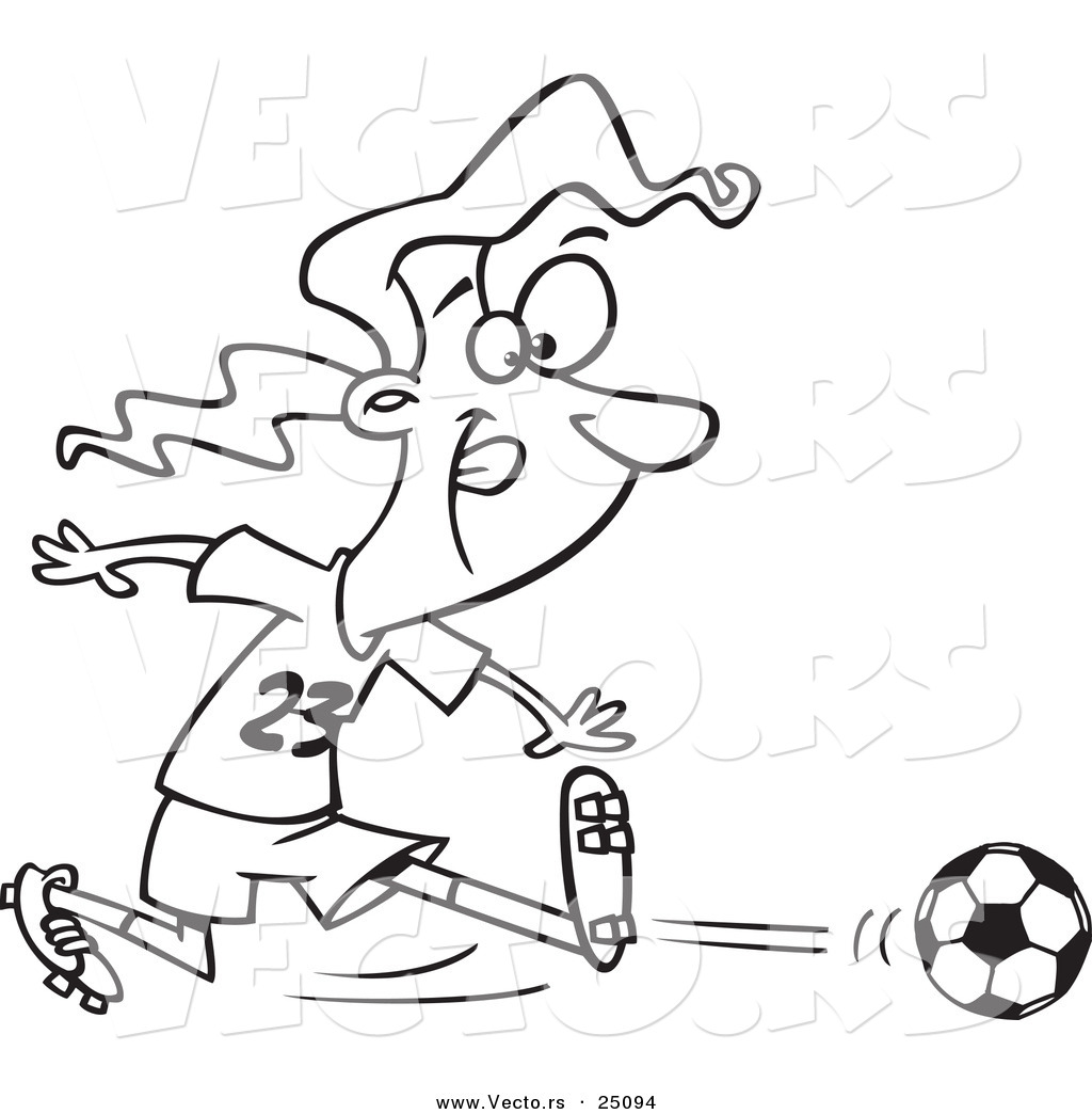 Vector Of A Cartoon Girl Kicking A Soccer Ball   Outlined Coloring