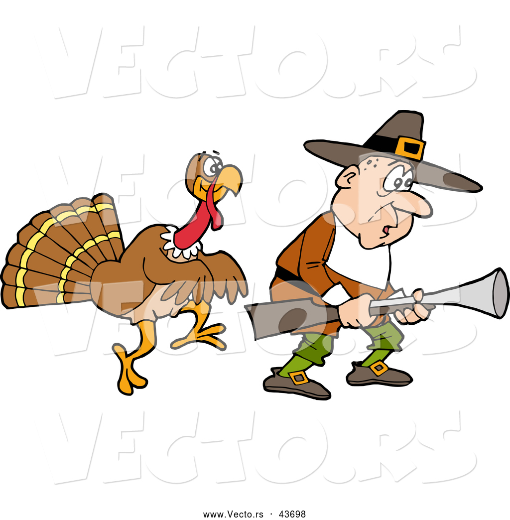Of A Cartoon Thanksgiving Turkey Stalking A Pilgrim Hunter With A Gun