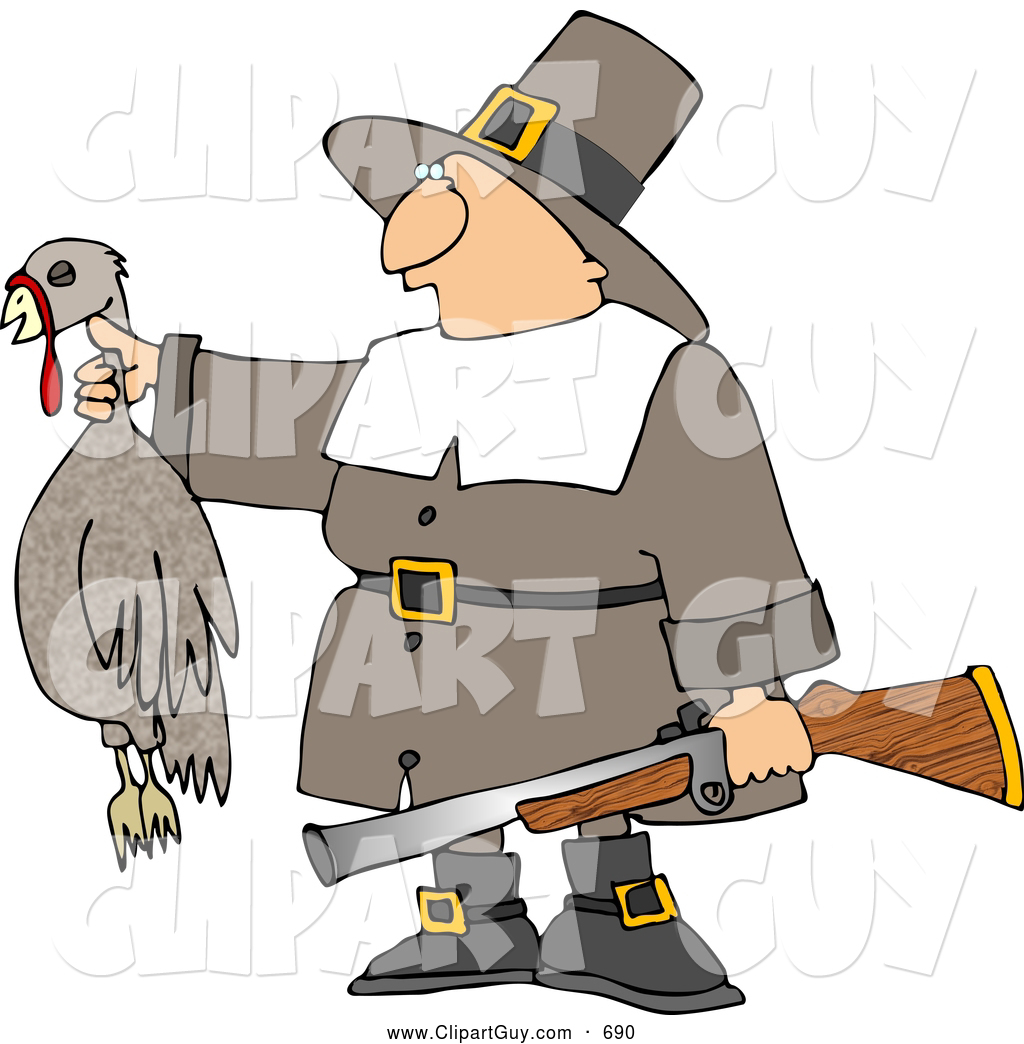 Pilgrim Hunter Holding A Dead Turkey And A Gun   Thanksgiving Holiday