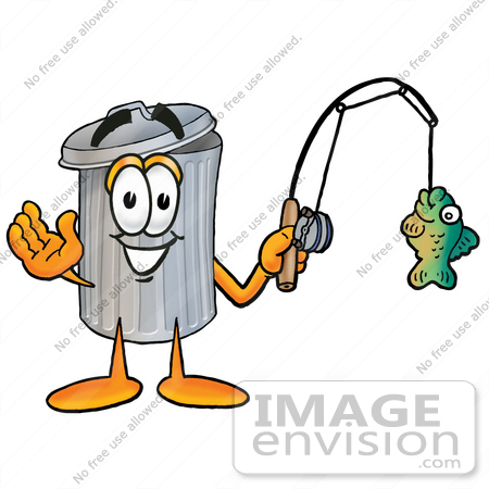 Clip Art Graphic Of A Metal Trash Can Cartoon Character Holding A Fish
