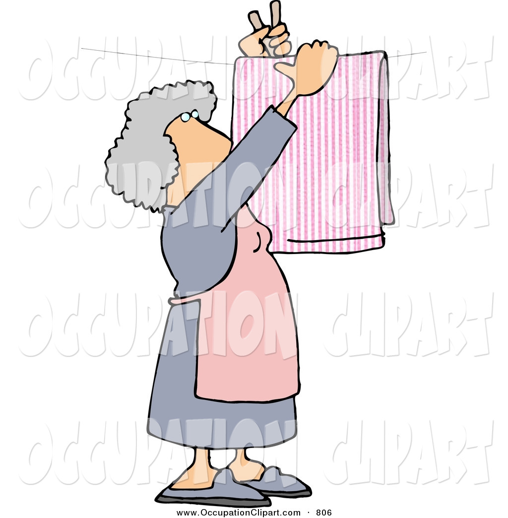 Clip Art Of A Caucasian Housewife Hanging Laundry Out To Dry On A