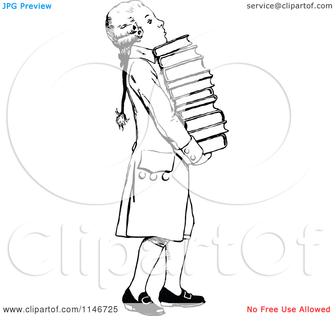 Clipart Of A Retro Vintage Black And White Wig Boy Carrying Books