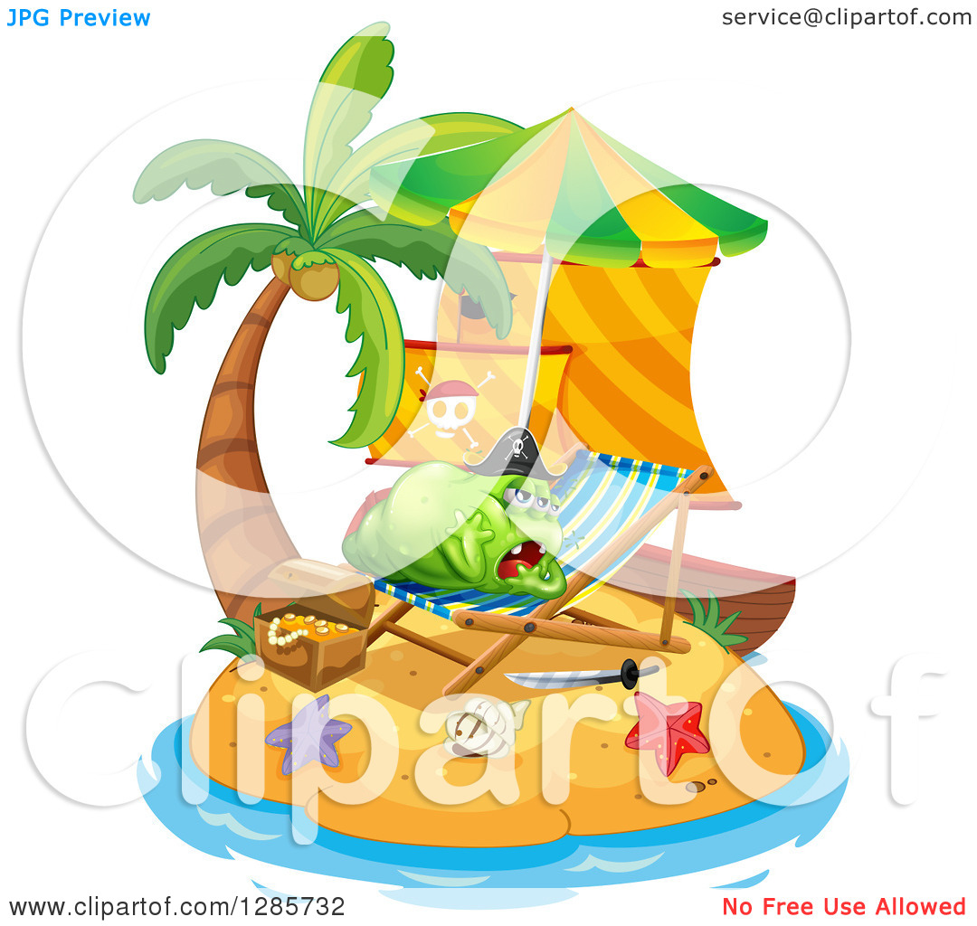 Clipart Of A Lazy Green Pirate Monster Resting On A Chair On An Island