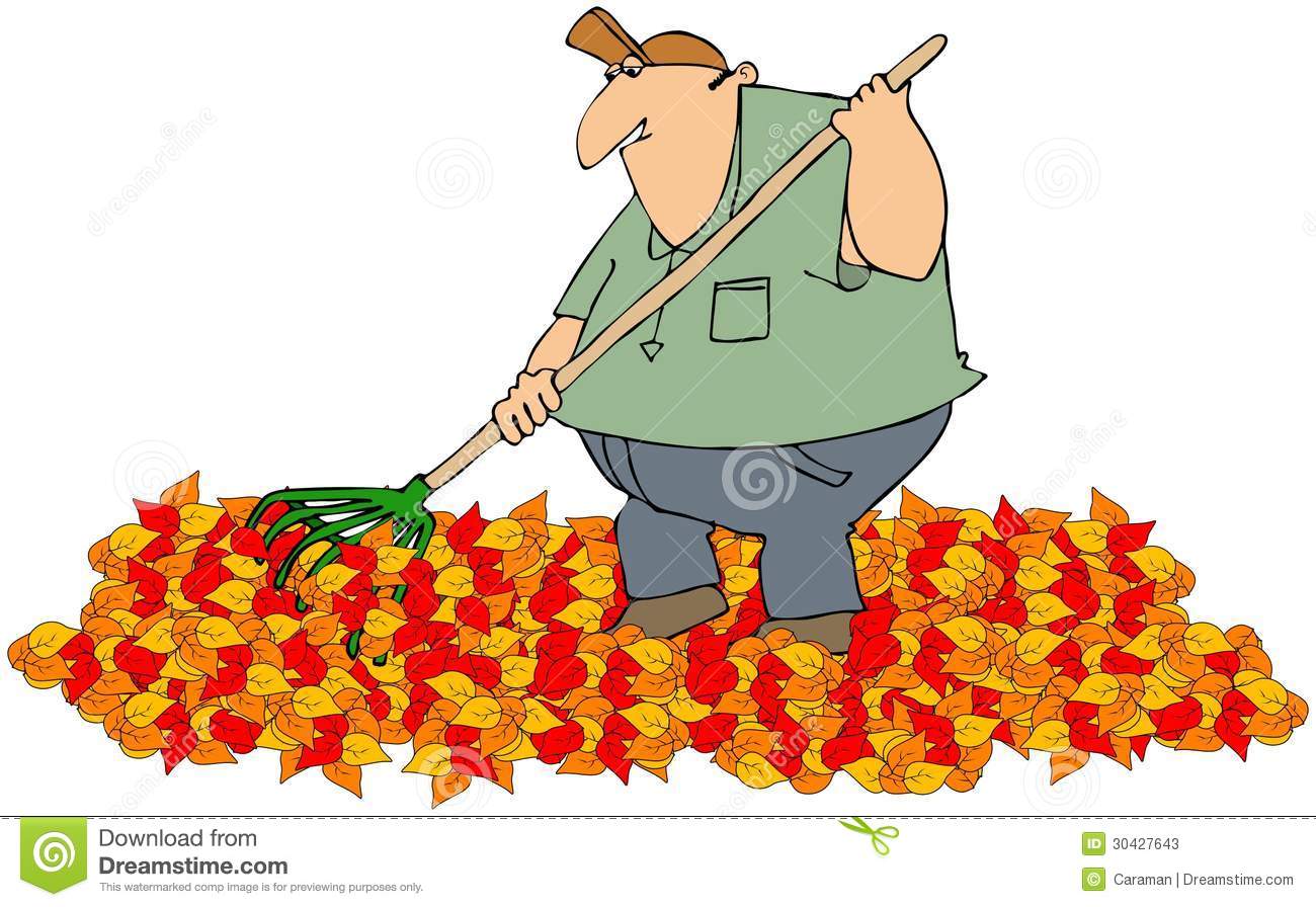 Illustration Depicts A Man Raking A Pile Of Colorful Autumn Leaves