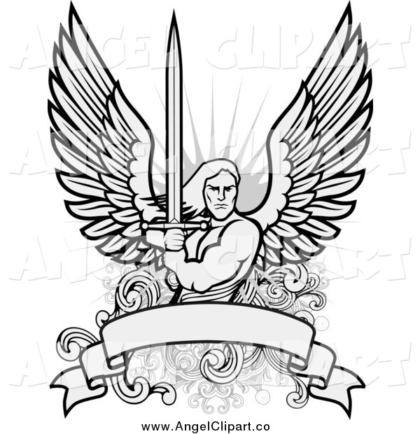 Clipart Male Angel Warrior Holding A Sword Over A Blank Banner   Hd