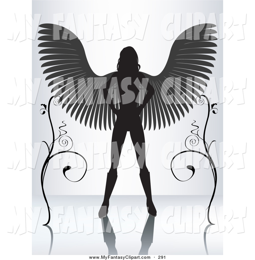 Larger Preview  Clip Art Of A Silhouetted Female Angel Standing With