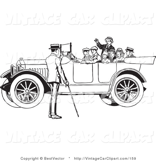 Clipart Of A Family In A Retro Black And White Vintage Convertible Car