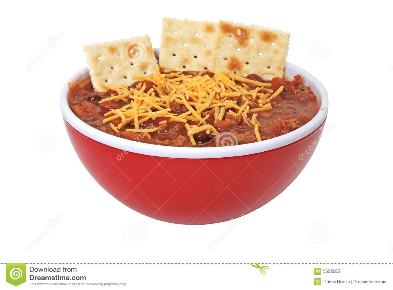 Bowl Of Hot Chili With Beans Cheese And Crackers  Isolated On White