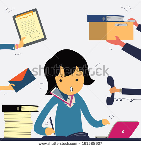 Very Busy Business Woman Working Hard On Her Desk In Office With A Lot