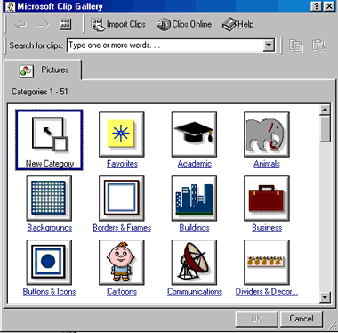 The Microsoft Clip Gallery Opens  It Contains Categories Of Clip Art