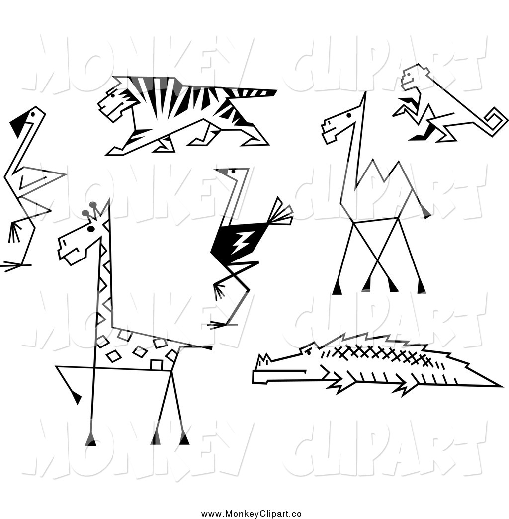 Clip Art Of A Black And White Sketched Zoo Animals And A Monkey By