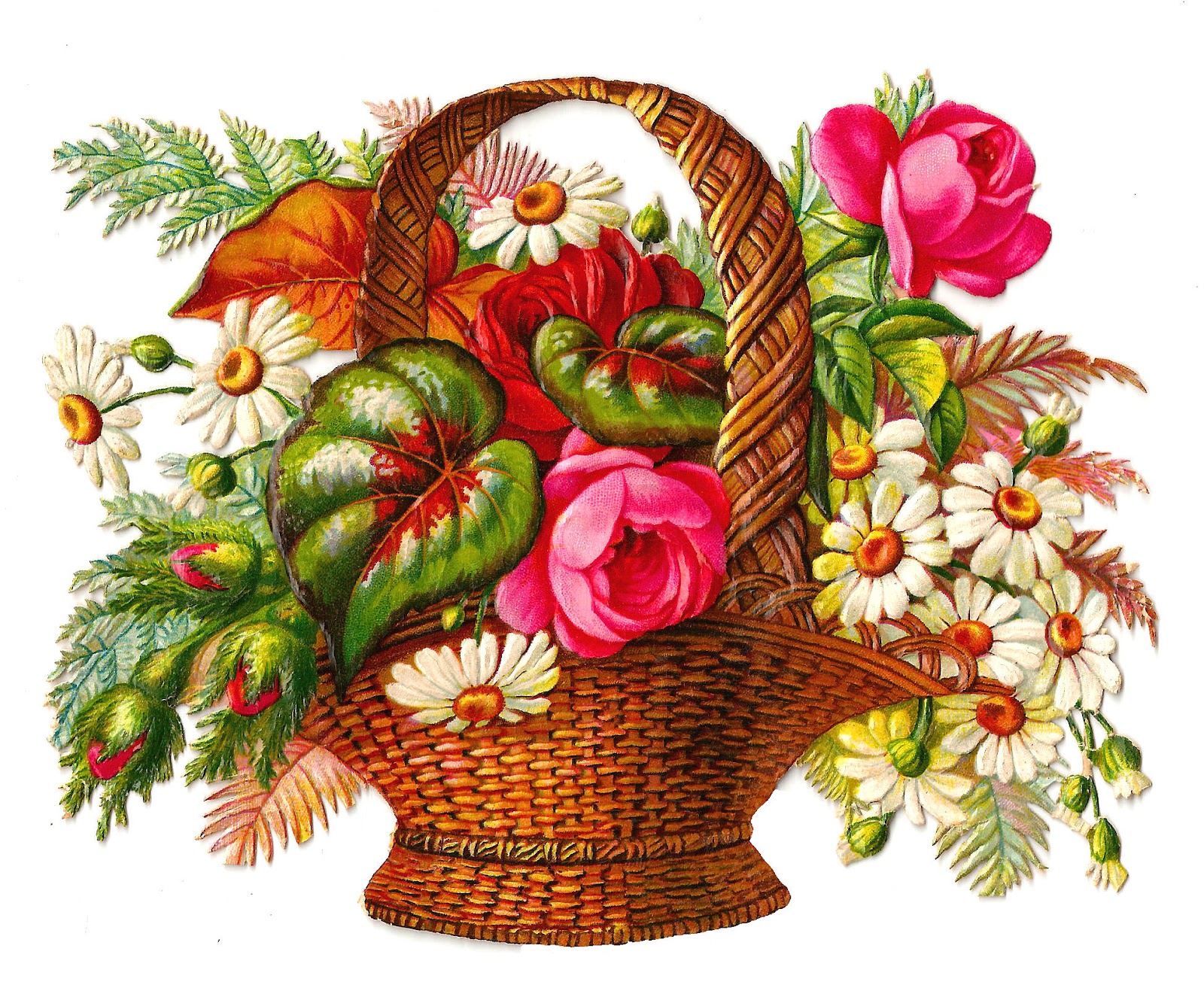 Free Flower Clip Art  Victorian Die Cut Of Flower Basket With Pink