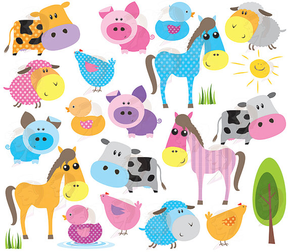 Baby Farm Animals Clipart Cute Farm Animal Bright Colors Horse Pig