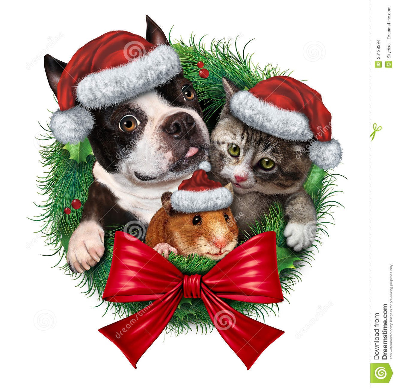 Pets Holiday Wreath With A Dog Cat And Hamster Wearing Christmas Hats