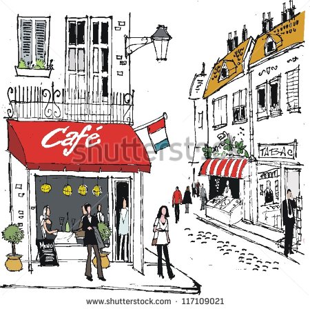 Vector Illustration Of French Village Street Scene With Cafe And