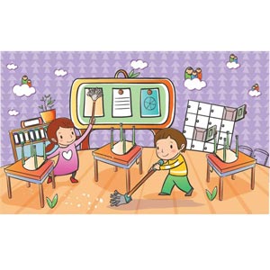 Beautiful Cute Children Couple Cleaning Home Vector Kids Illustration