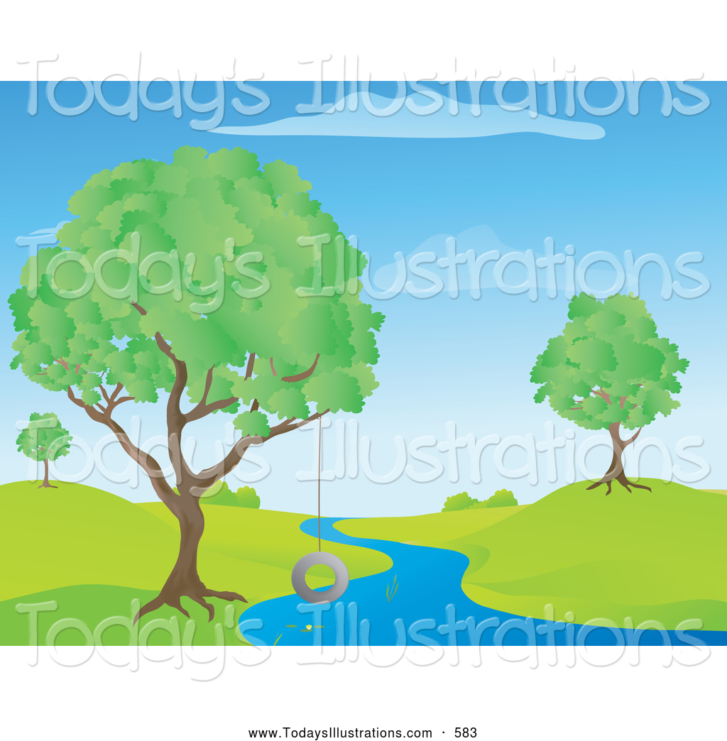 Clipart Of A Colorful Picture Of A Blue Stream Creek Or River Winding