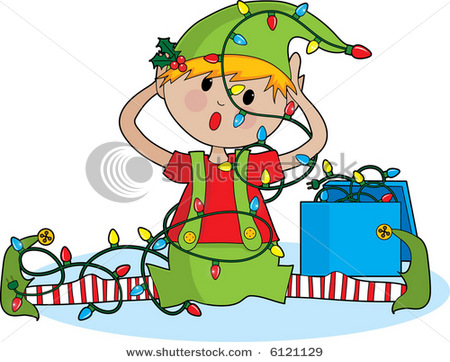 Cute Little Elf Tangled In Christmas Lights   Vector Clip Art