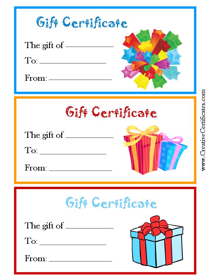 Generic Gift Certificates With Pictures Of Gifts With A Blue Yellow