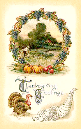 Vintage Clip Art   Harvest Wreath With Thanksgiving Turkey And Horn Of