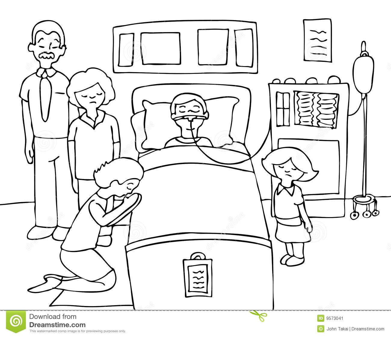 Bed With His Family Praying For His Recovery   Black And White