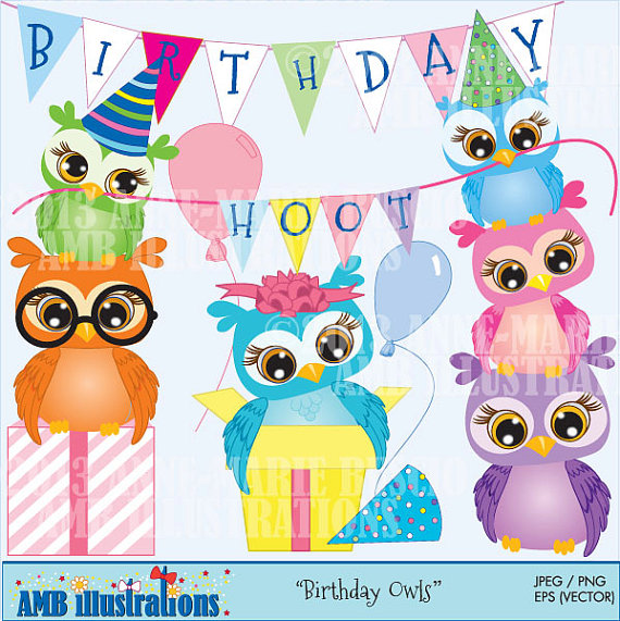 Owl Birthday Party Clipart Commercial Use Vector Graphics Digital