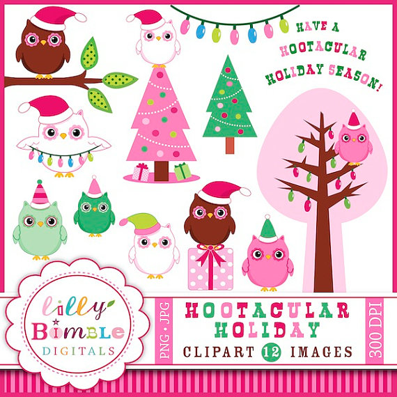 Owl Clipart In Santa Hats Clip Art Instant Download Pink Green