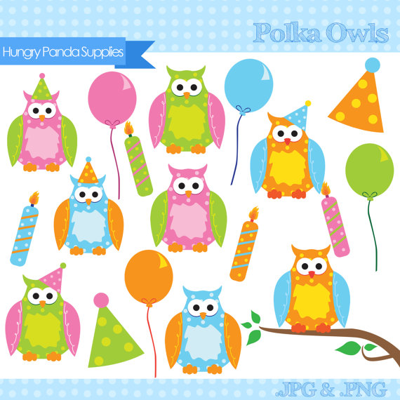 Polka Dot Party Owls Digital Clipart Commercial Use   Personal Use