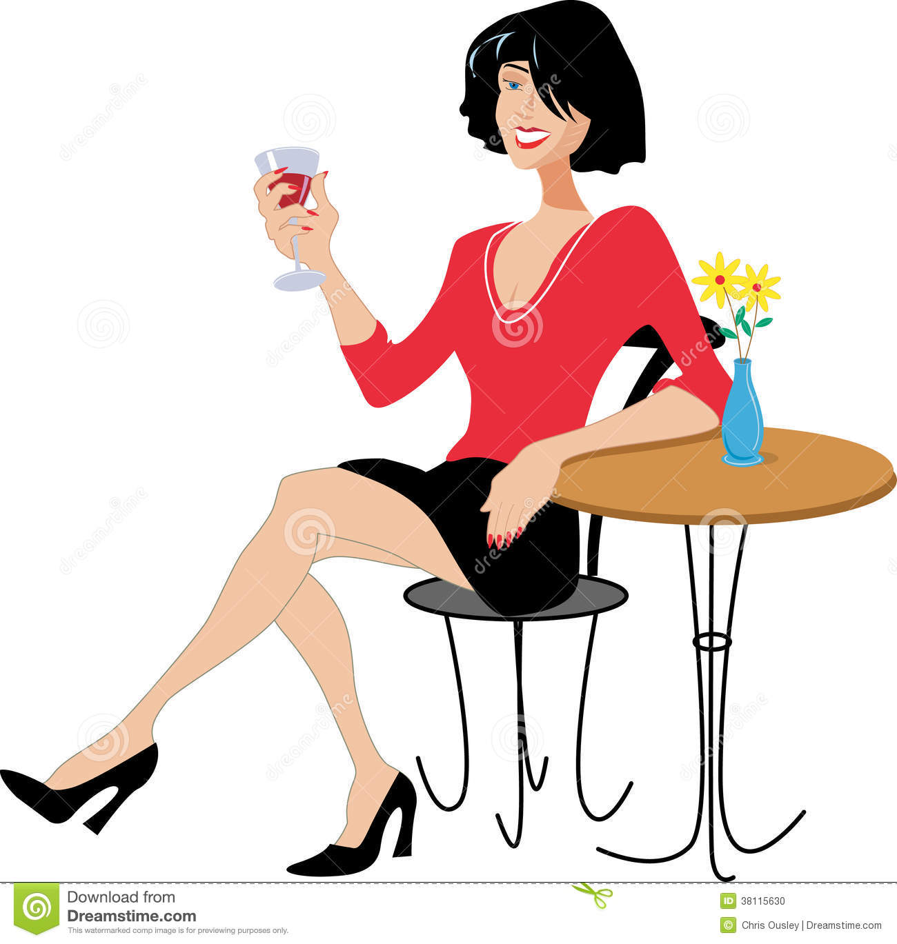 Smiling Pretty Lady Drinking Wine At A Table With Flower Vase  Red Top