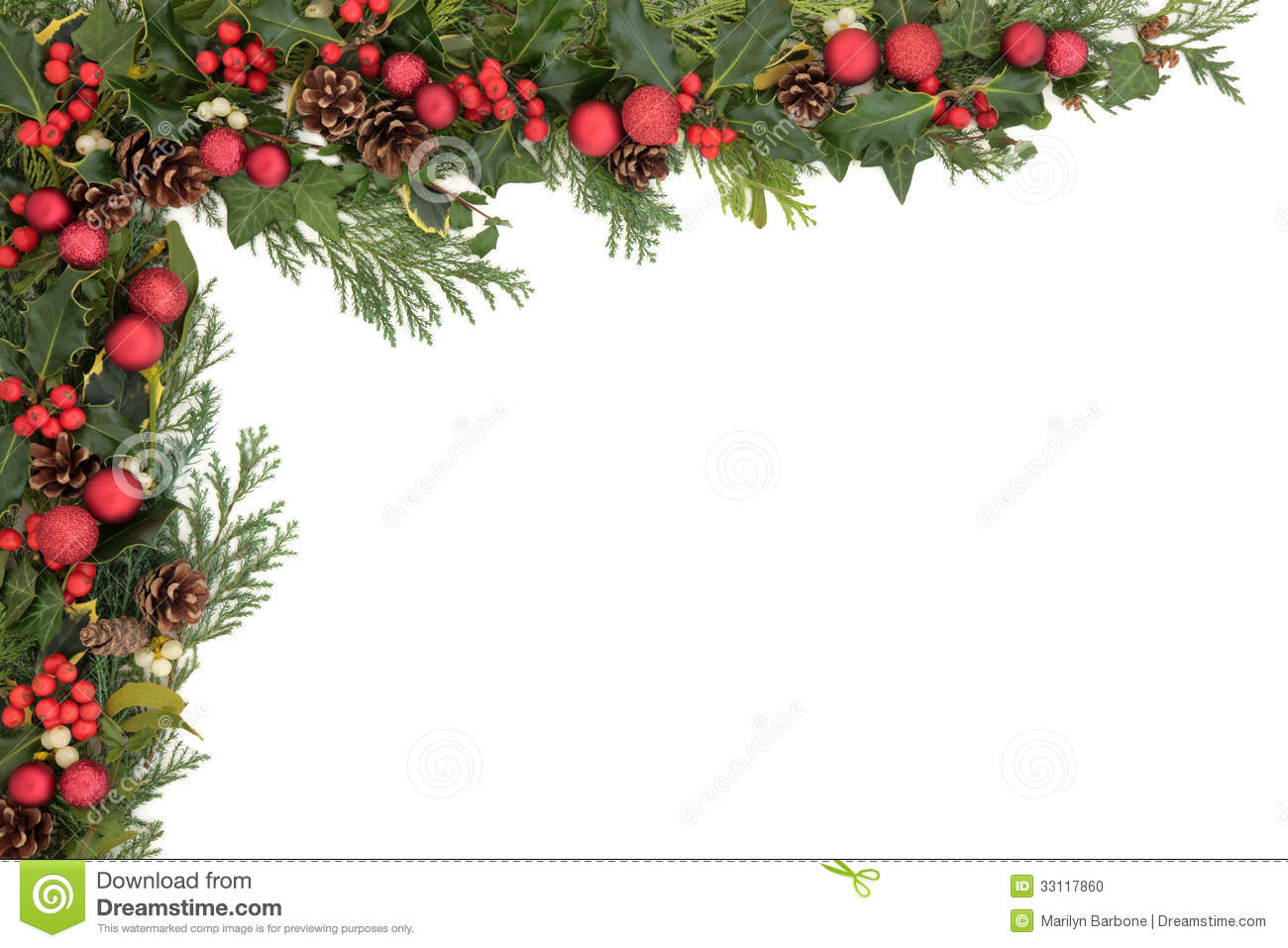 Christmas Background Border With Red Baubles Holly Mistletoe Ivy