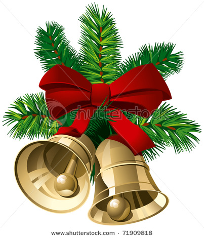 Gold Christmas Bells With Red Ribbon And Pine Twigs   Vector Clip Art